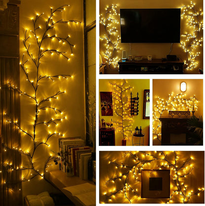 Collage of LED string lights in various settings including a wall, TV area, and room corners.