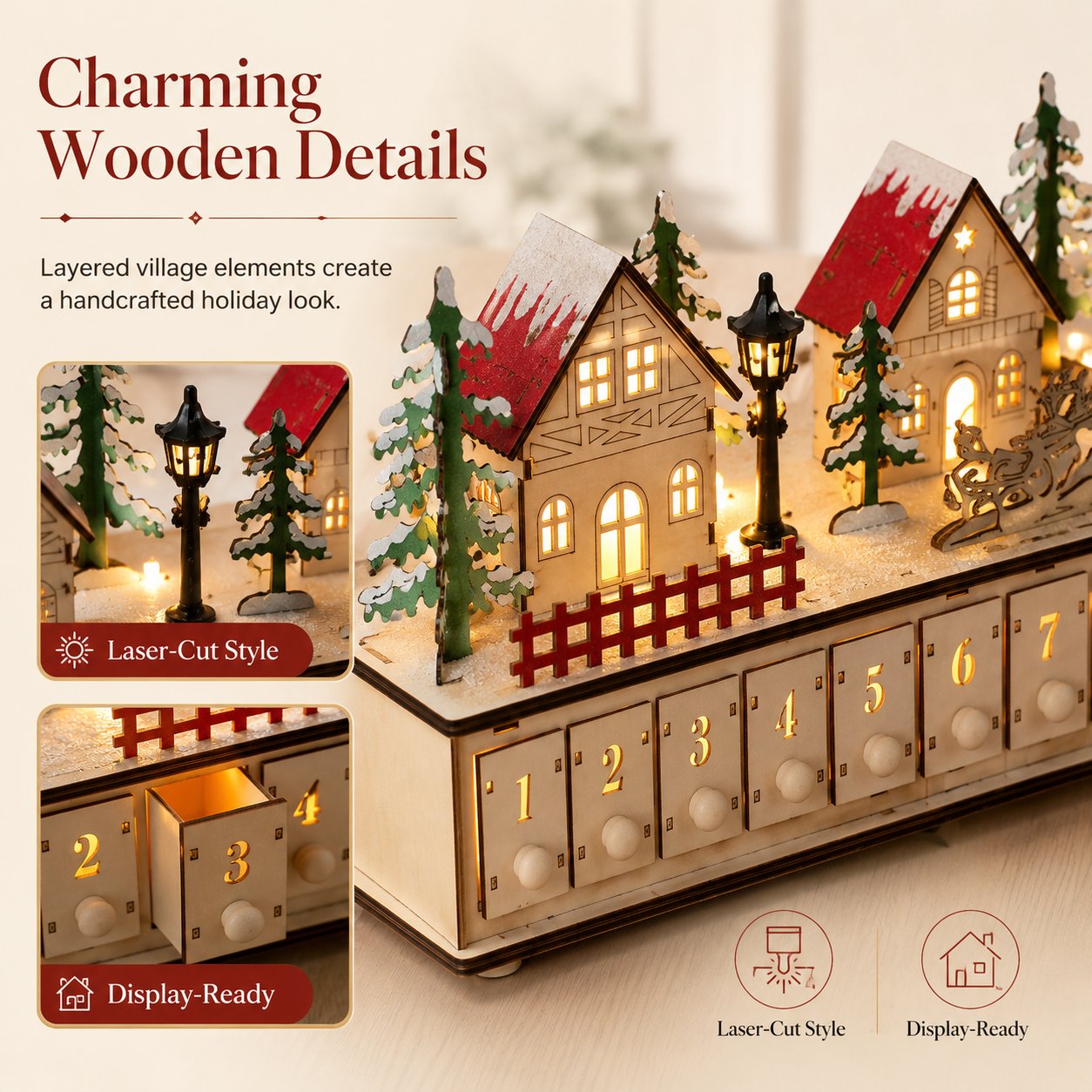 🎄🎅🎁 Christmas Magic ✨❄️ Lighted Wooden Christmas Advent Calendar 🔔 24 Drawers for Festive Holiday Countdown