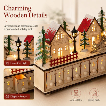 🎄🎅🎁 Christmas Magic ✨❄️ Lighted Wooden Christmas Advent Calendar 🔔 24 Drawers for Festive Holiday Countdown