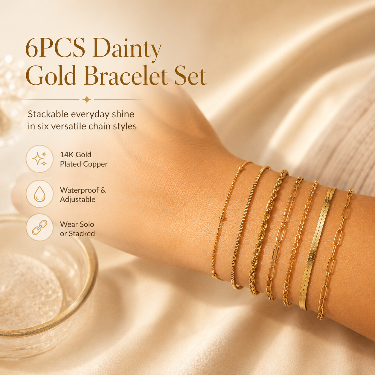 🔥6PCS Dainty Gold Bracelet Set – Trendy Stackable Chain Bracelets for Women