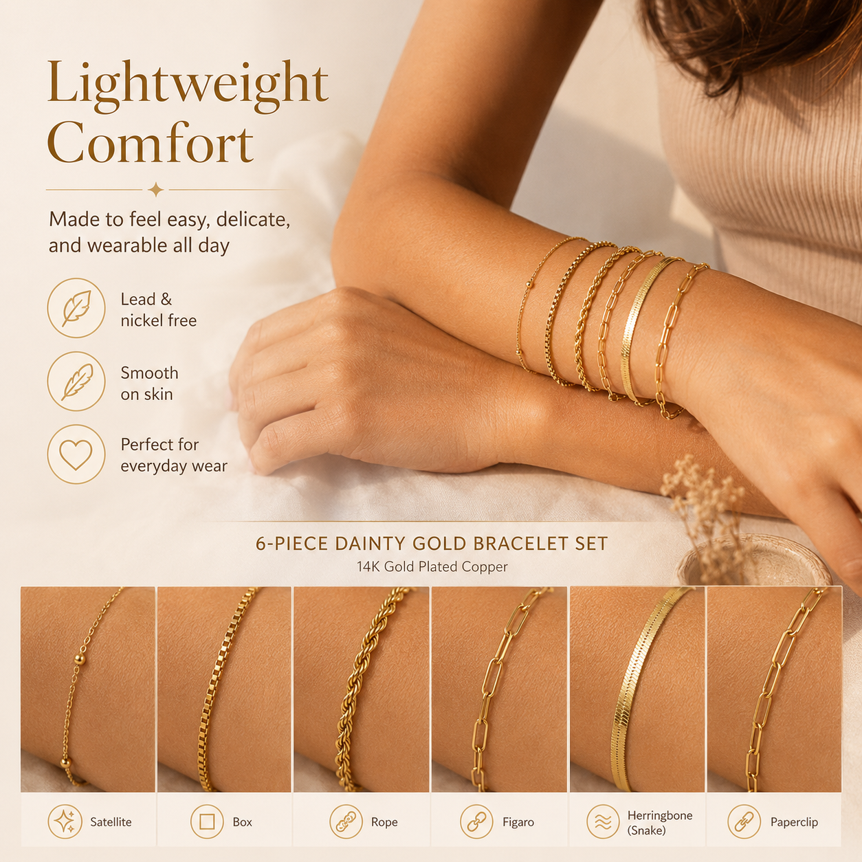 🔥6PCS Dainty Gold Bracelet Set – Trendy Stackable Chain Bracelets for Women