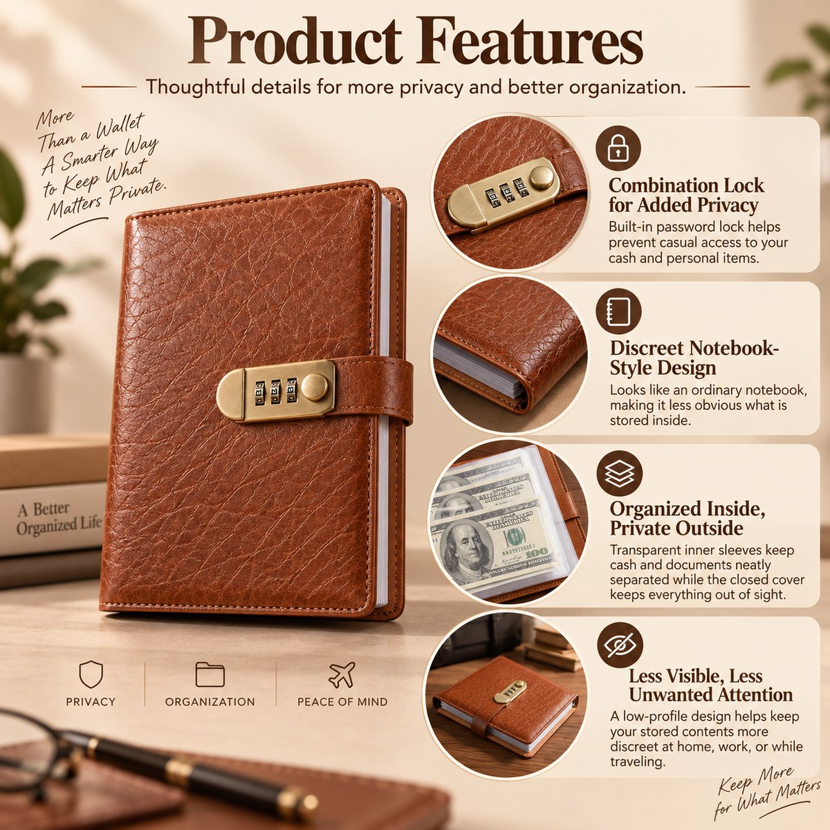 🔐 Private & Secure Combination Lock Cash Organizer Notebook