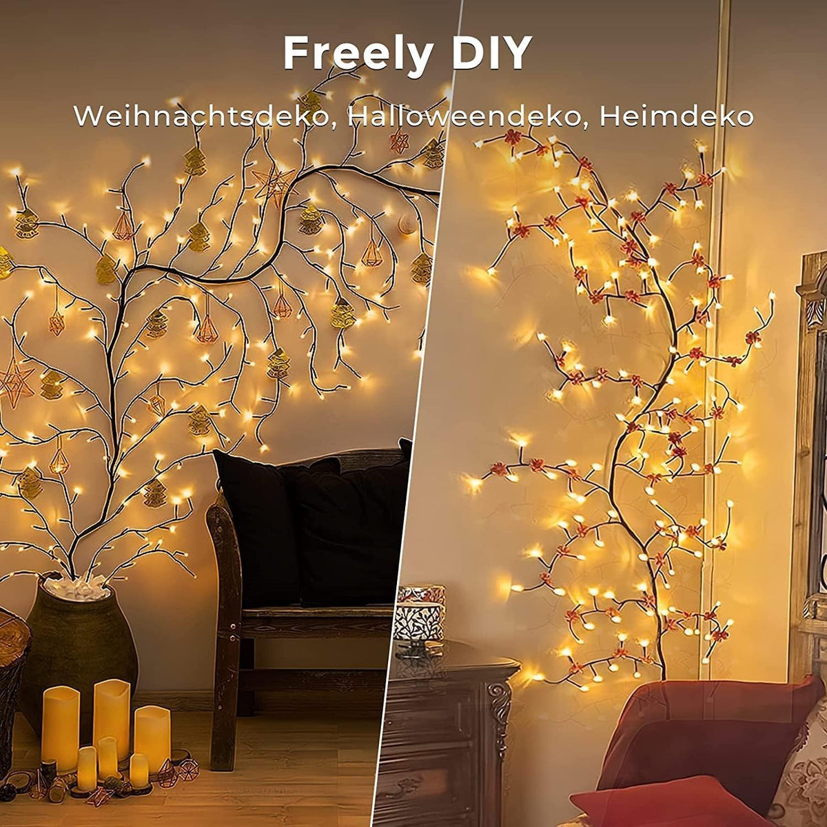 Decorative branches with lights in a living room setting, featuring the brand 'Freely DIY'.