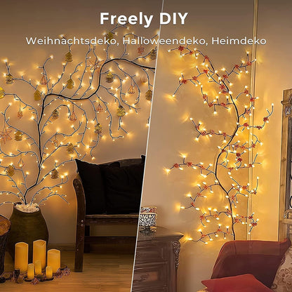 Decorative branches with lights in a living room setting, featuring the brand 'Freely DIY'.