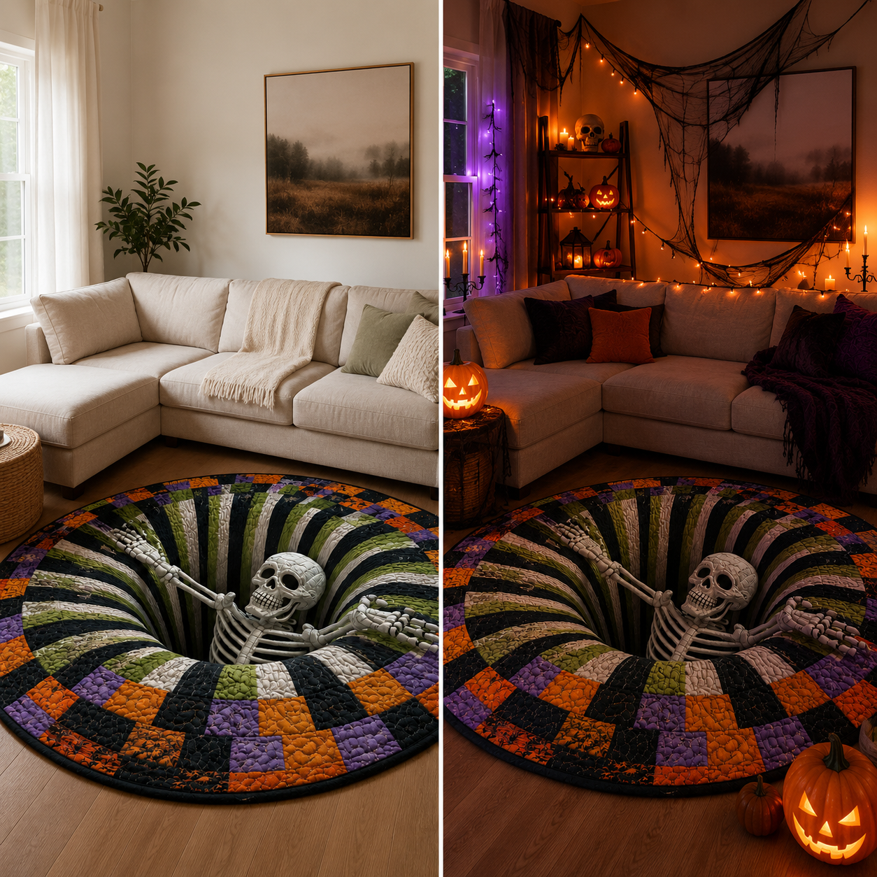 🔥 Limited Edition 🎃 3D Skeleton Optical Illusion Rug – Quilted Round Halloween Accent 👻