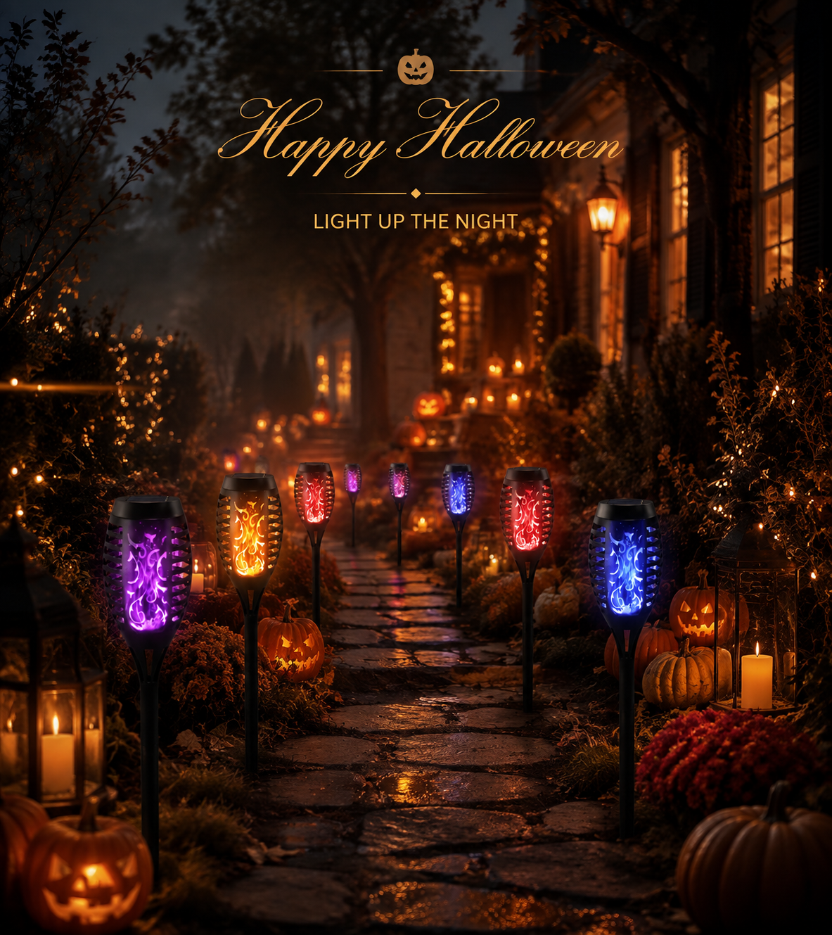 Halloween Outdoor Solar Flickering Flame Torch Lights Waterproof Garden Yard Pathway Decor