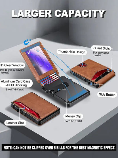 ⚡70K+ SOLD!-Wallet for Men - with Pop Up Aluminum Case Money Clip Slim Leather Slots Credit Card Holder RFID Blocking Bifold Minimalist Wallet