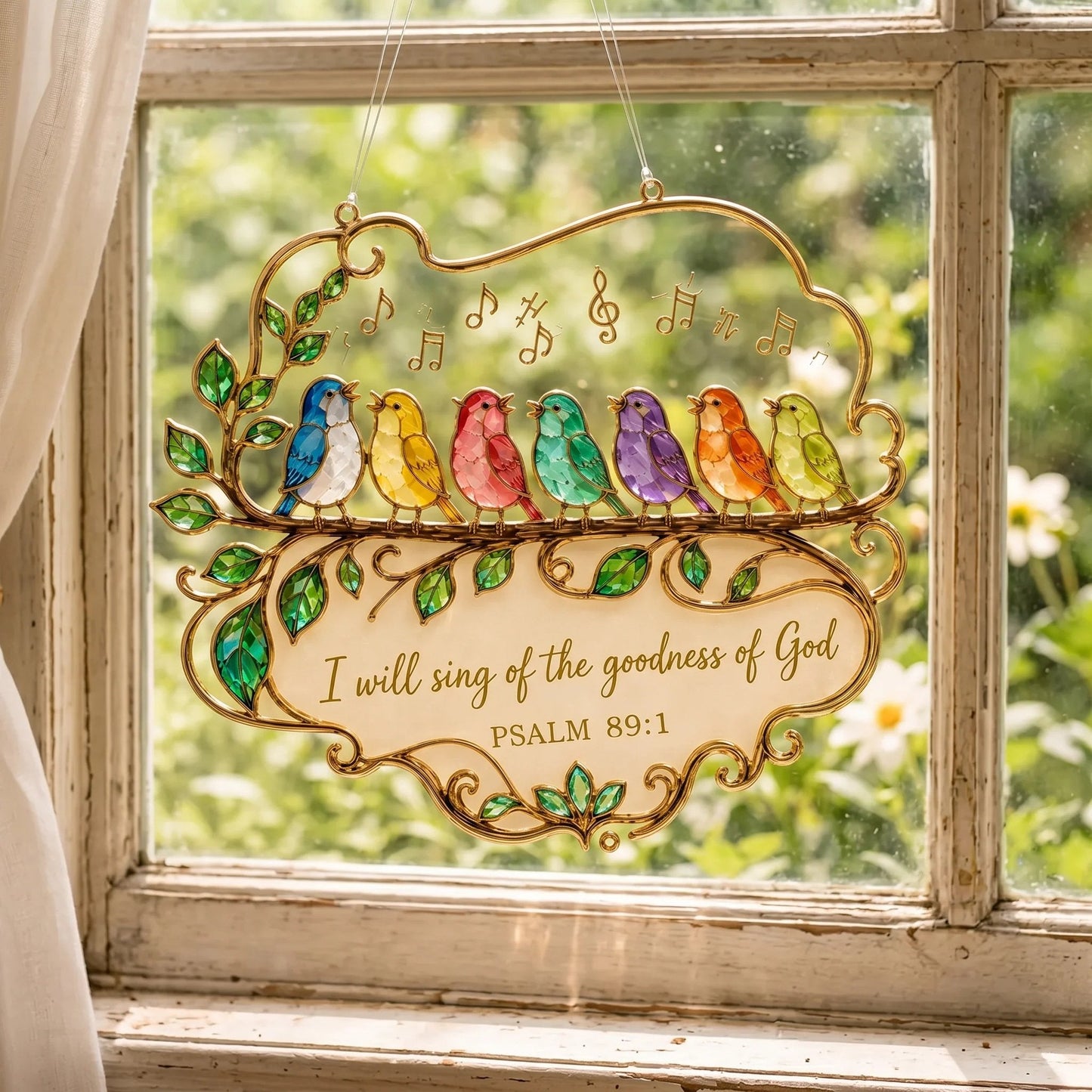 🎵 Psalm 89:1 Songbird Window Suncatcher | Faith Decor with Colorful Birds & Scripture 🕊️✨