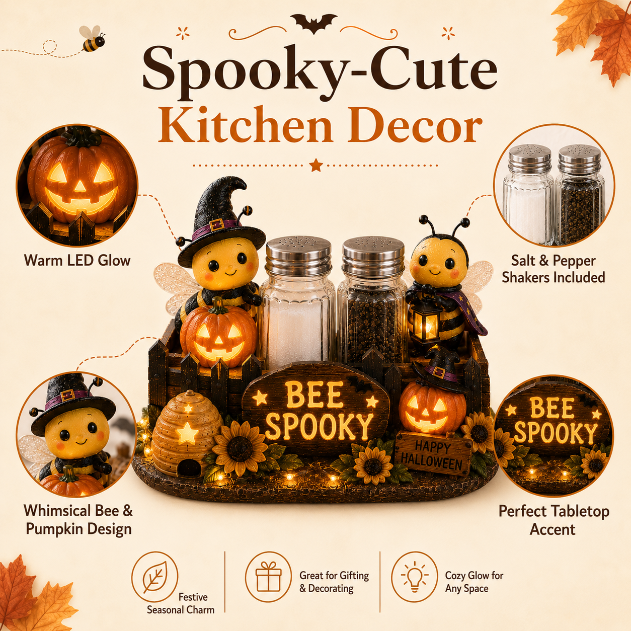 Lighted Halloween Salt & Pepper Shaker Holder Set