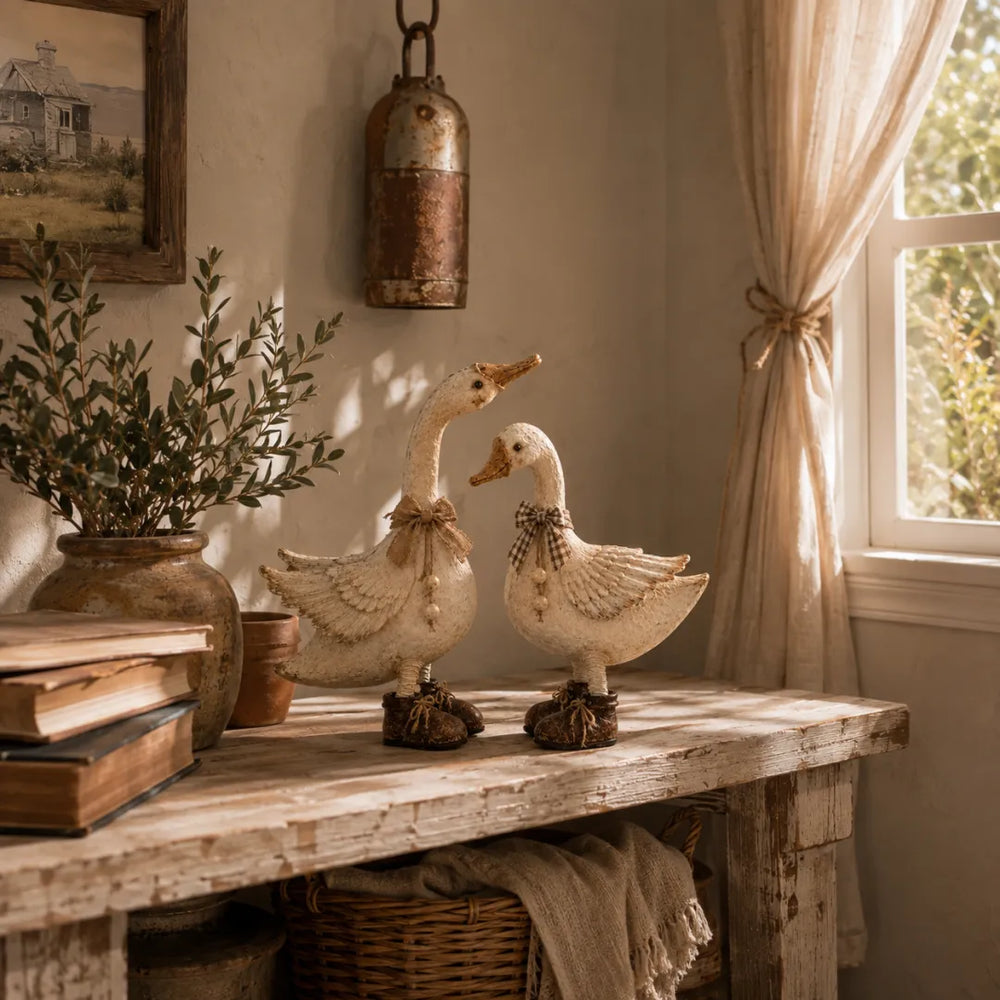 Close view of the cottage goose pair bows and boots