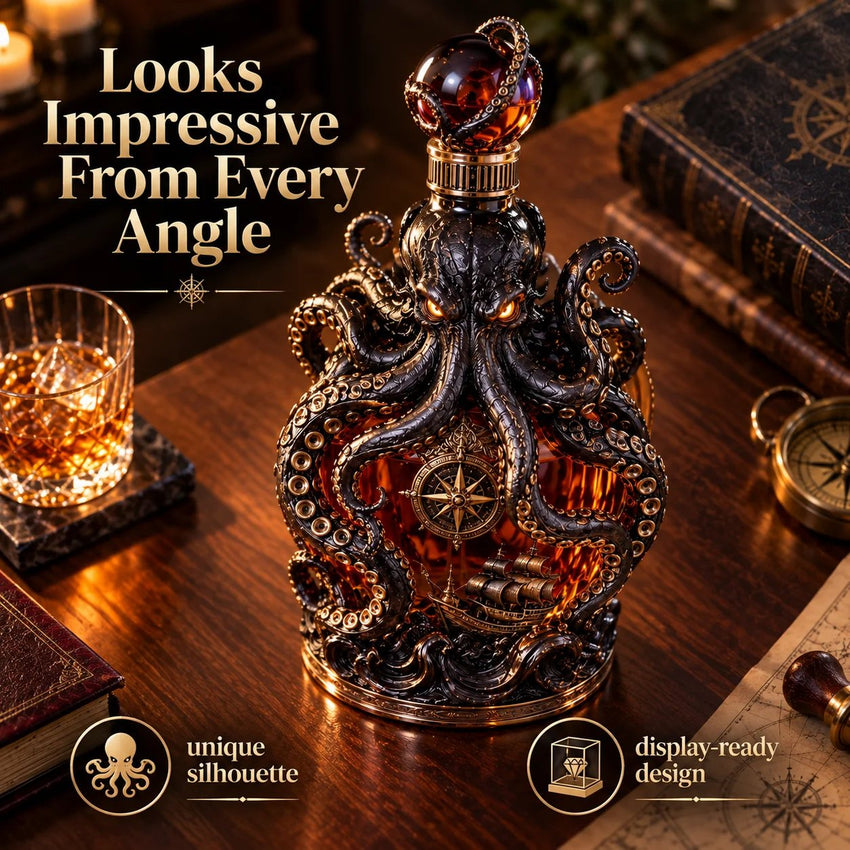 Detailed front angle of the Kraken decanter with compass and ship