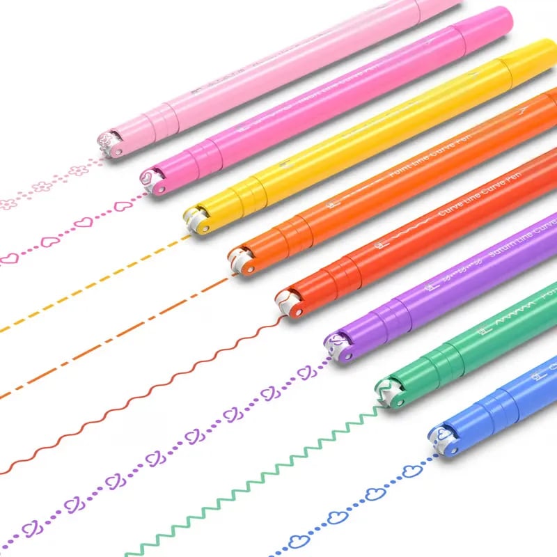 💯 Curve Highlighter Pen Set | 8pcs Dual Tip Markers – Roller Curve Tip + Fine Tip – 8 Colors, 8 Line Styles – For Journaling & School ✨📝