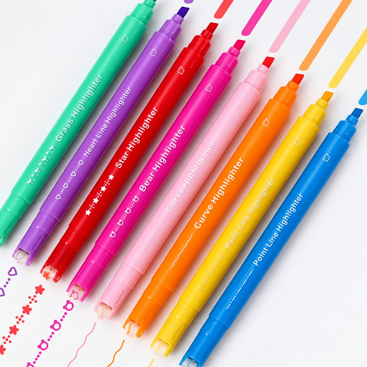💯 Curve Highlighter Pen Set | 8pcs Dual Tip Markers – Roller Curve Tip + Fine Tip – 8 Colors, 8 Line Styles – For Journaling & School ✨📝