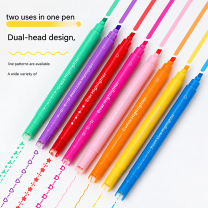💯 Curve Highlighter Pen Set | 8pcs Dual Tip Markers – Roller Curve Tip + Fine Tip – 8 Colors, 8 Line Styles – For Journaling & School ✨📝