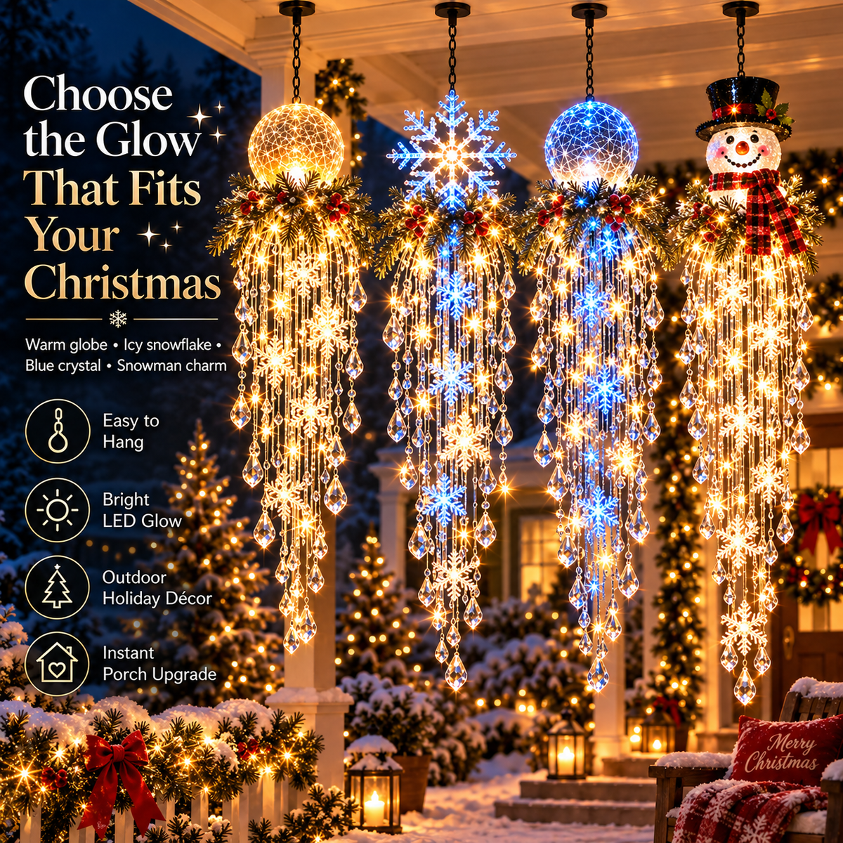 🔥Crystal Cascade Christmas Light– Hanging Snowflake & Crystal LED Porch Décor ✨❄️