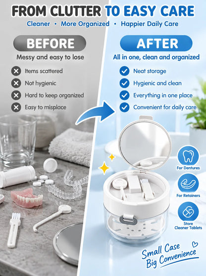 🦷✨ 3-in-1 Retainer & Denture Cleaning Case – Portable Travel Dental Care Kit