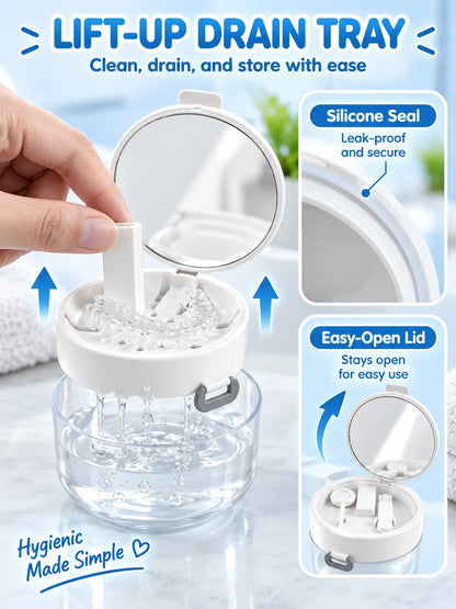 🦷✨ 3-in-1 Retainer & Denture Cleaning Case – Portable Travel Dental Care Kit