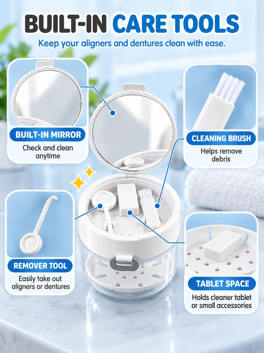🦷✨ 3-in-1 Retainer & Denture Cleaning Case – Portable Travel Dental Care Kit
