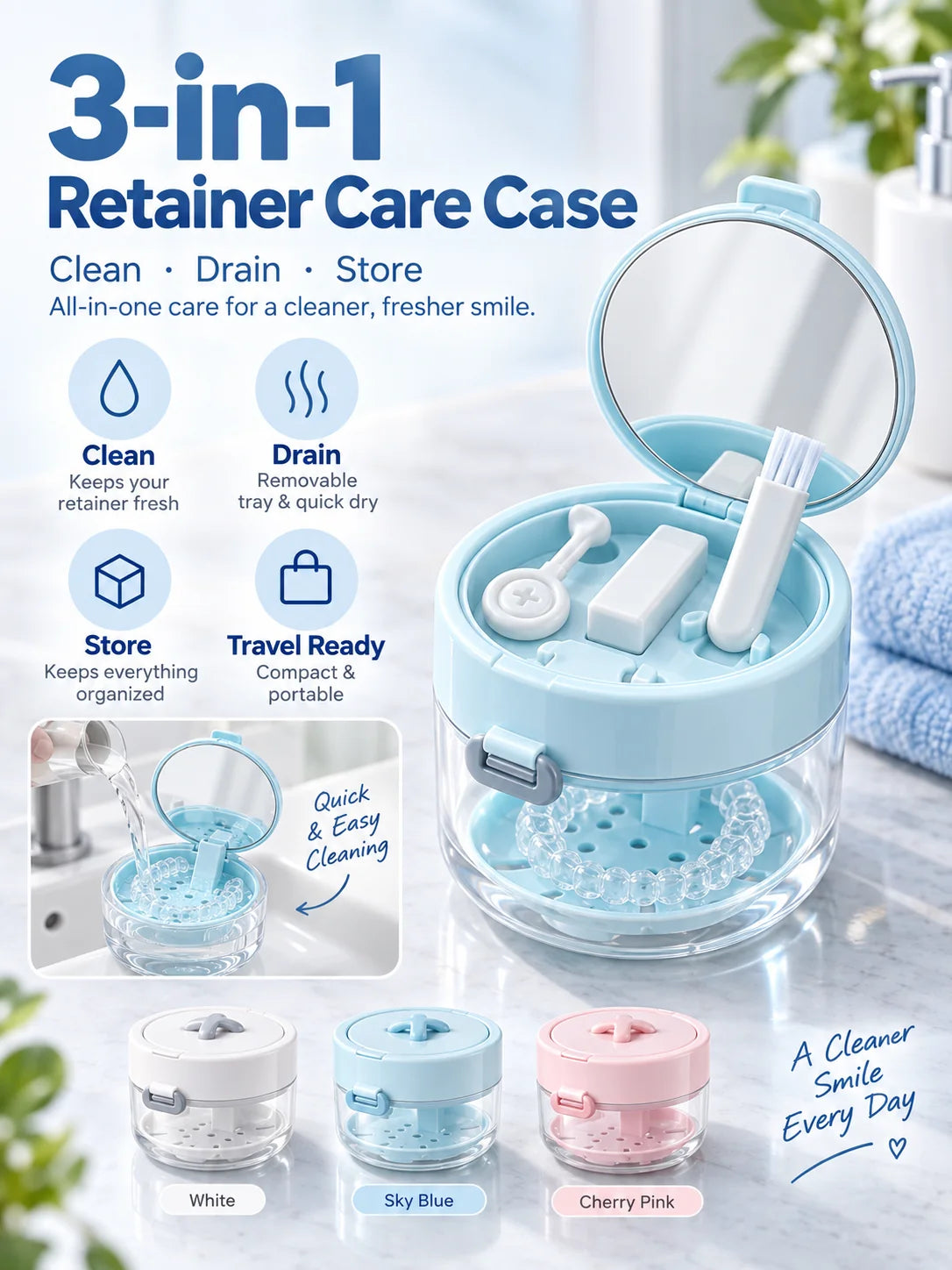 🦷✨ 3-in-1 Retainer & Denture Cleaning Case – Portable Travel Dental Care Kit