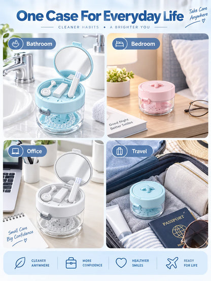 🦷✨ 3-in-1 Retainer & Denture Cleaning Case – Portable Travel Dental Care Kit