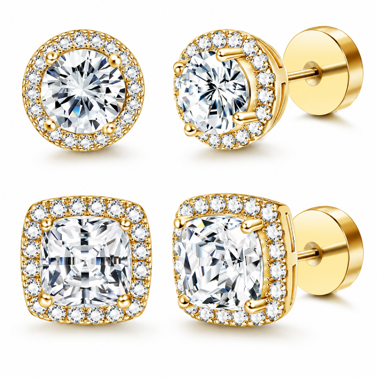 Halo Stud Earrings 4-Pack- Gold & Silver Round/Square Styles