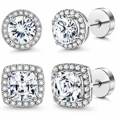 Halo Stud Earrings 4-Pack- Gold & Silver Round/Square Styles