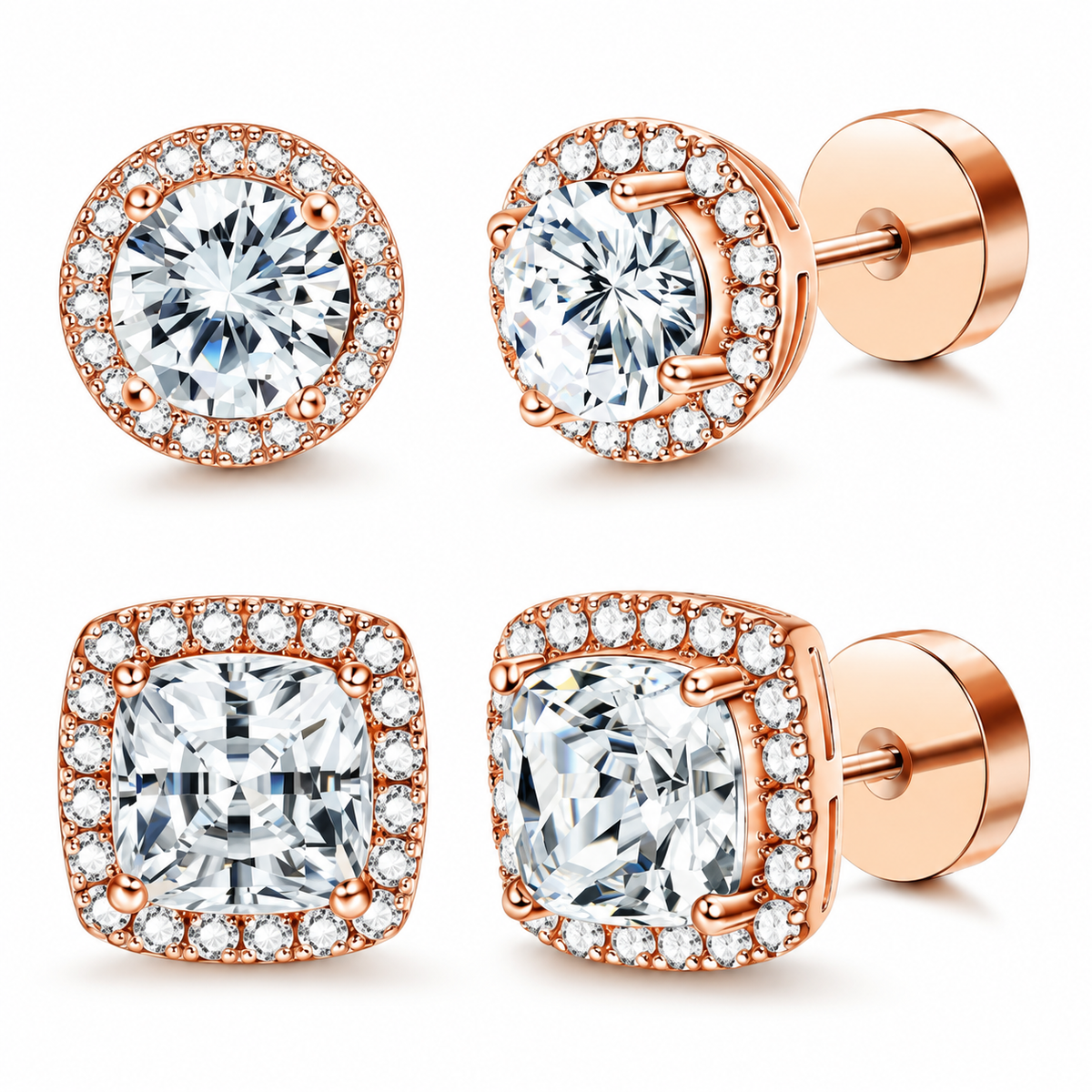 Halo Stud Earrings 4-Pack- Gold & Silver Round/Square Styles