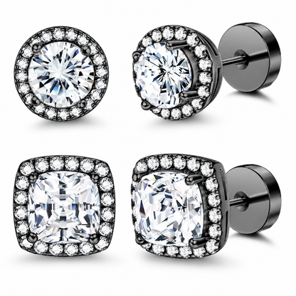 Halo Stud Earrings 4-Pack- Gold & Silver Round/Square Styles