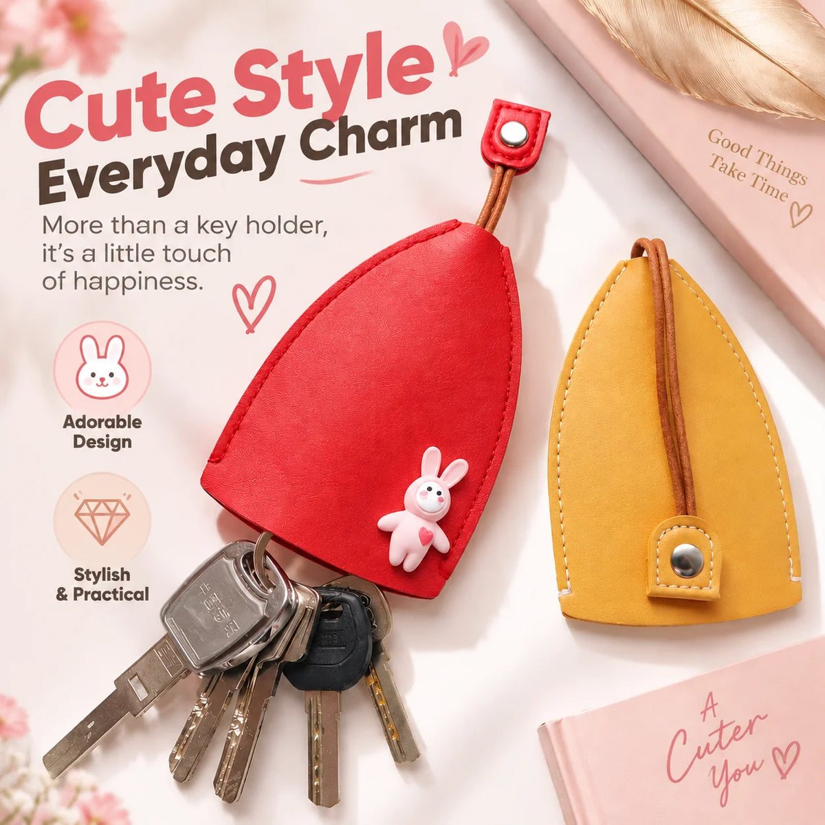 Cute Cartoon Pull-out Leather Car Key Pouch & Organizer 🐰✨