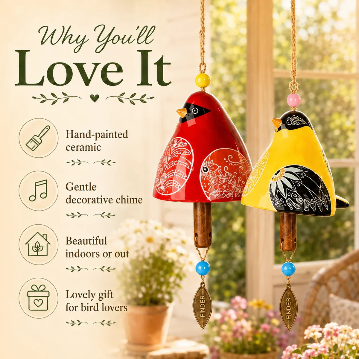 🔥Hot Sale✨60K+ Sold🐦 Hand-Painted Resin Bird Wind Chime, Colorful Folk Art Garden Hanging Decor