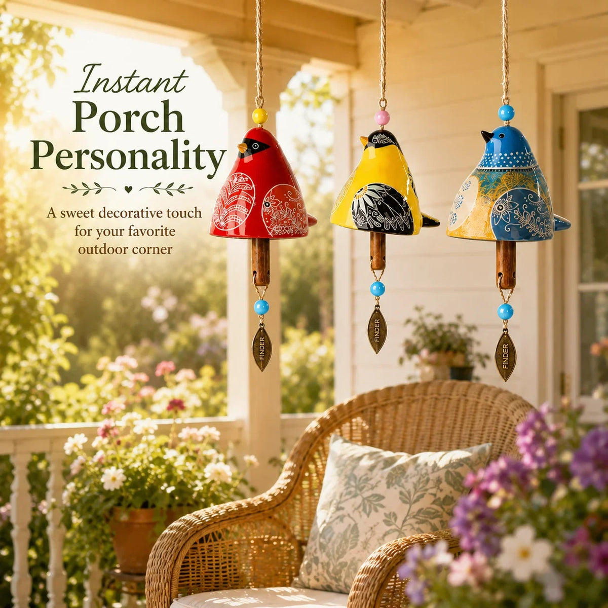🔥Hot Sale✨60K+ Sold🐦 Hand-Painted Resin Bird Wind Chime, Colorful Folk Art Garden Hanging Decor