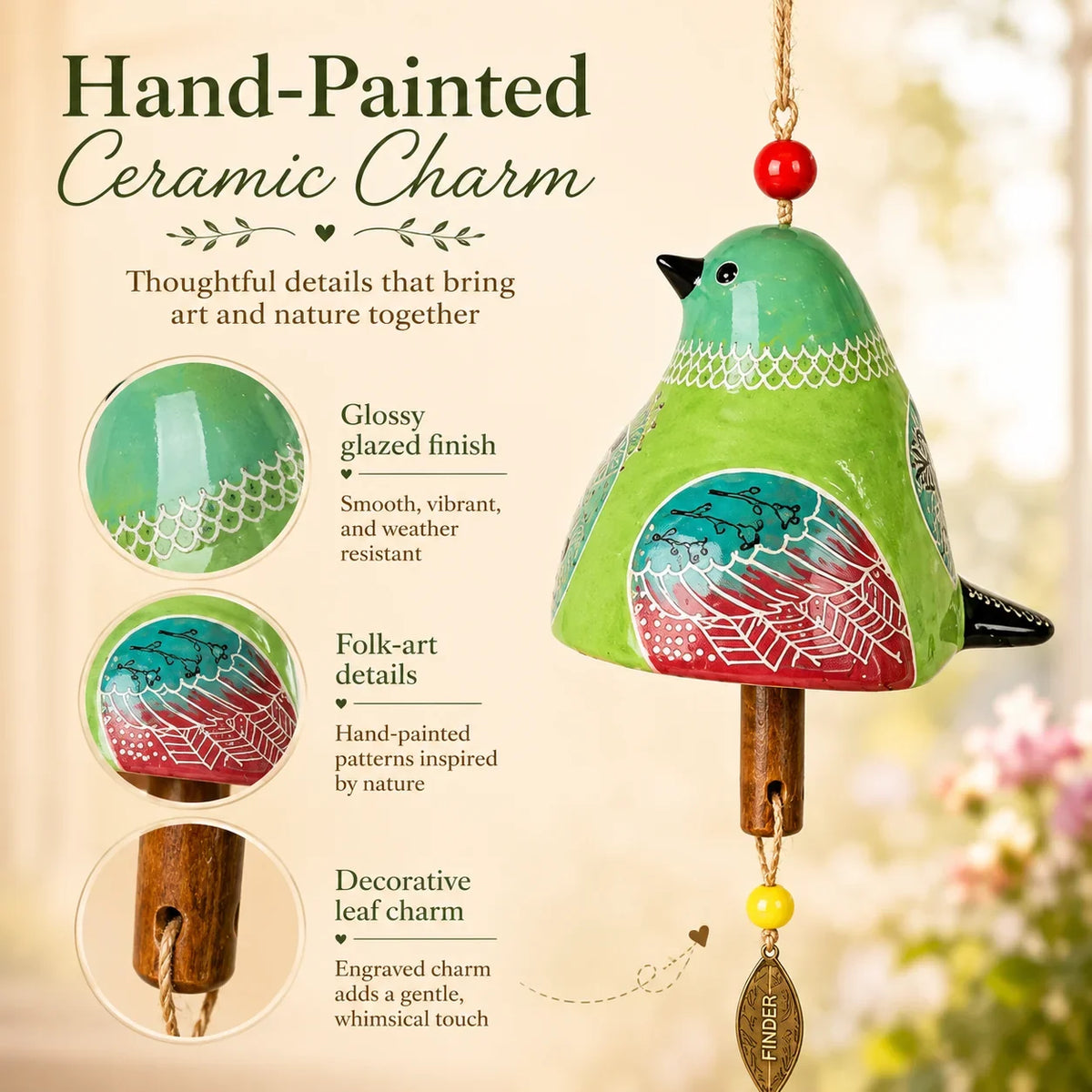 🔥Hot Sale✨60K+ Sold🐦 Hand-Painted Resin Bird Wind Chime, Colorful Folk Art Garden Hanging Decor