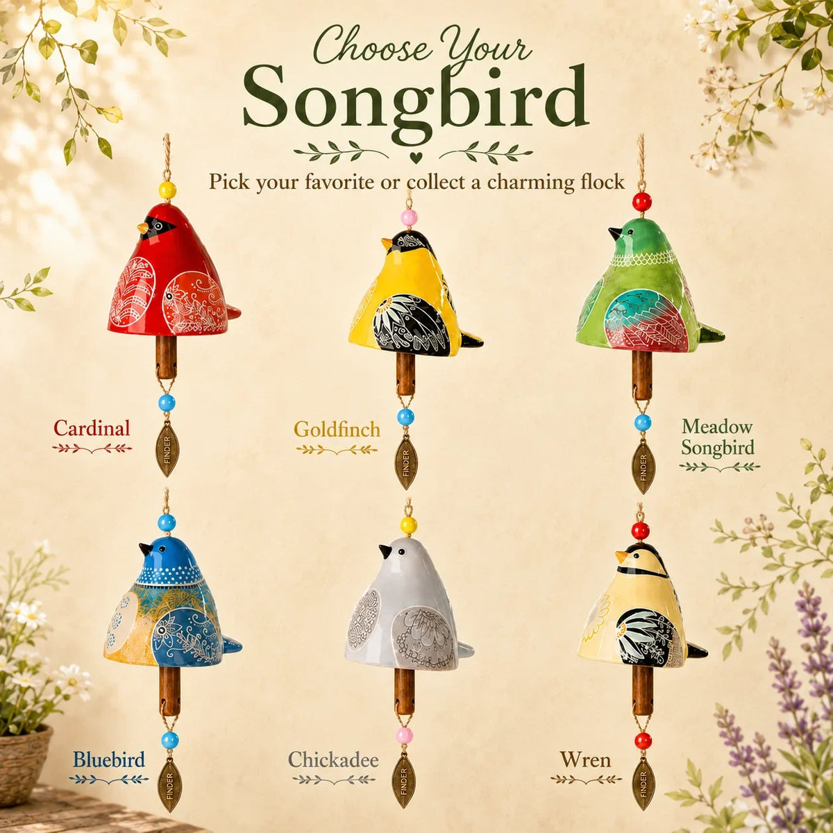🔥Hot Sale✨60K+ Sold🐦 Hand-Painted Resin Bird Wind Chime, Colorful Folk Art Garden Hanging Decor