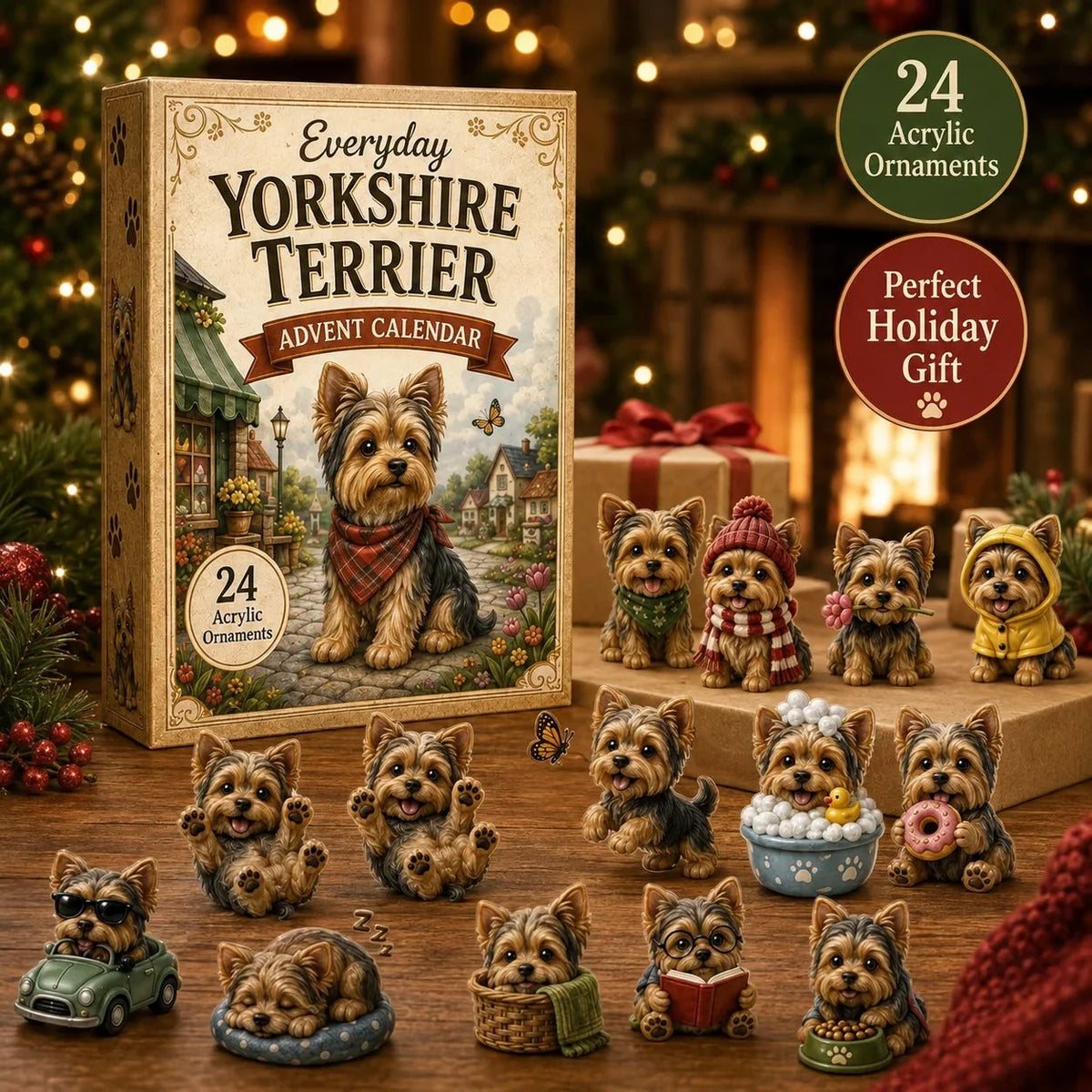 🐾Yorkshire Terrier Advent Calendar – 24 Unique Yorkie Acrylic Ornaments & Daily Christmas Surprises