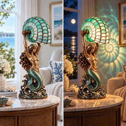 🧜‍♀️ Cast a Magical Ocean Glow! Vintage Mermaid Nautilus Stained Glass Ambient Lamp