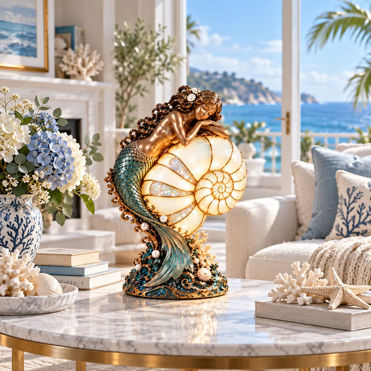 🧜‍♀️ Cast a Magical Ocean Glow! Vintage Mermaid Nautilus Stained Glass Ambient Lamp