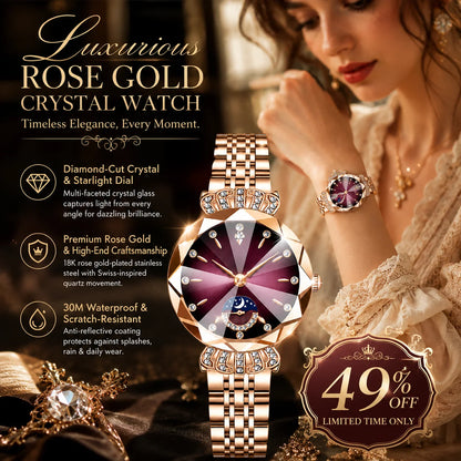 👑 Luxurious Rose Gold Crystal Quartz Watch – Diamond Cut Vintage Wristwatch✨