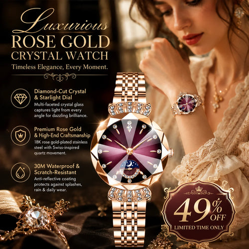 👑 Luxurious Rose Gold Crystal Quartz Watch – Diamond Cut Vintage Wristwatch✨