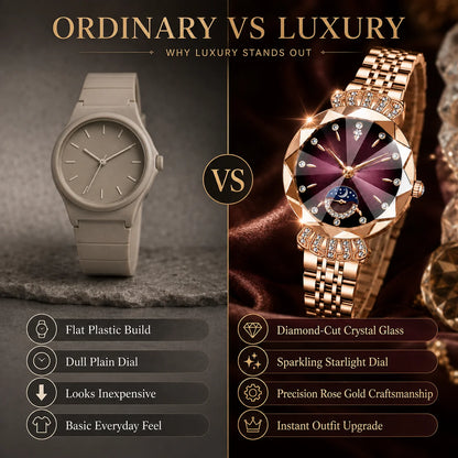👑 Luxurious Rose Gold Crystal Quartz Watch – Diamond Cut Vintage Wristwatch✨
