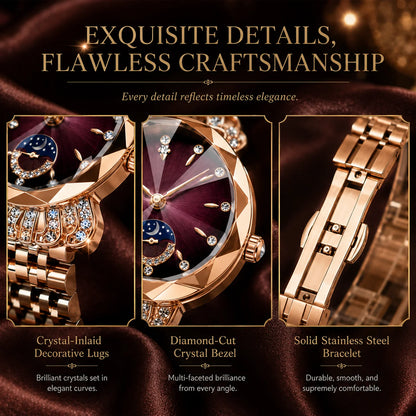 👑 Luxurious Rose Gold Crystal Quartz Watch – Diamond Cut Vintage Wristwatch✨