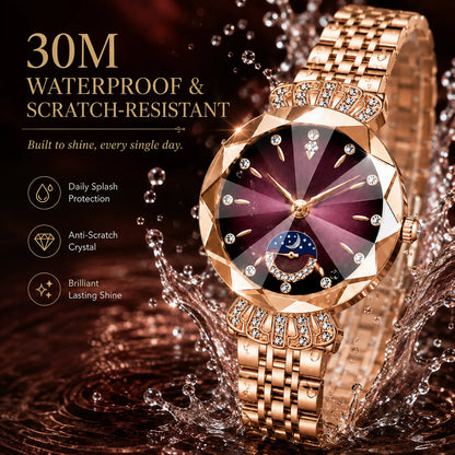 👑 Luxurious Rose Gold Crystal Quartz Watch – Diamond Cut Vintage Wristwatch✨