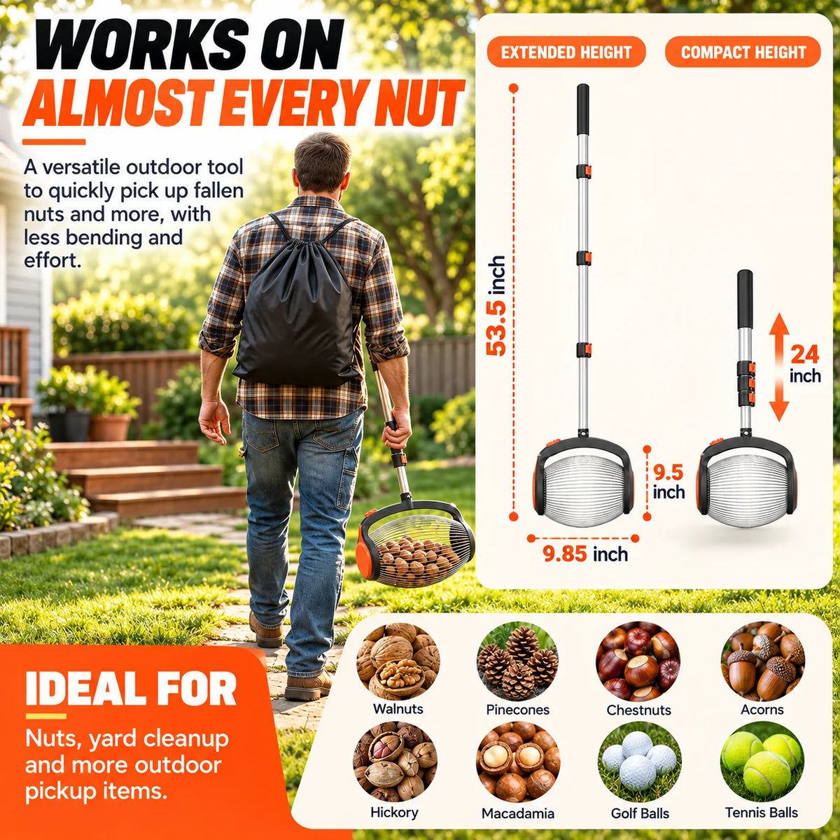 Telescoping Nut Gatherer with Foot-Operated Release – Rolling Walnut, Acorn & Pinecone Picker for Yard Cleanup