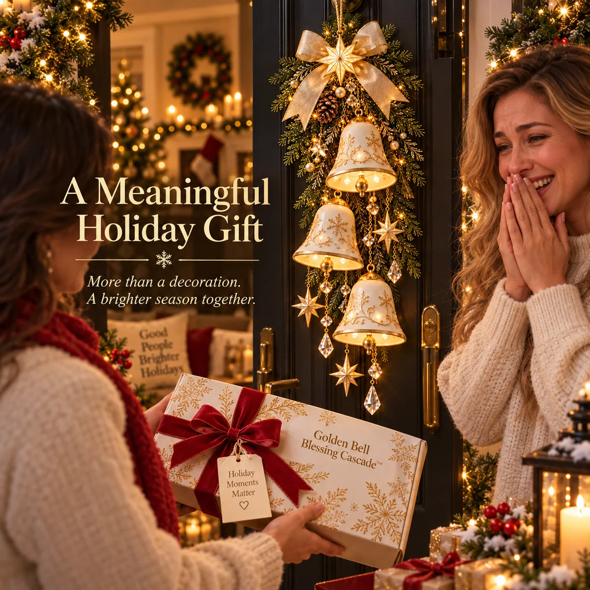 🔔✨Last Day 49% Off✨✨ Golden Bell Blessing Cascade – Lighted Christmas Door Decor