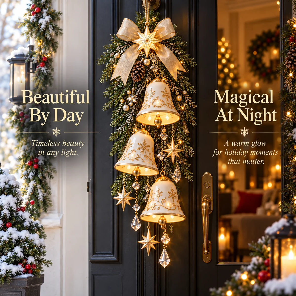 🔔✨Last Day 49% Off✨✨ Golden Bell Blessing Cascade – Lighted Christmas Door Decor