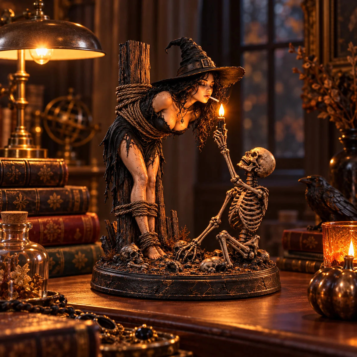 🧙 Witch & Skeleton Candle Scene Figurine – Dark Gothic Halloween Tabletop Decor