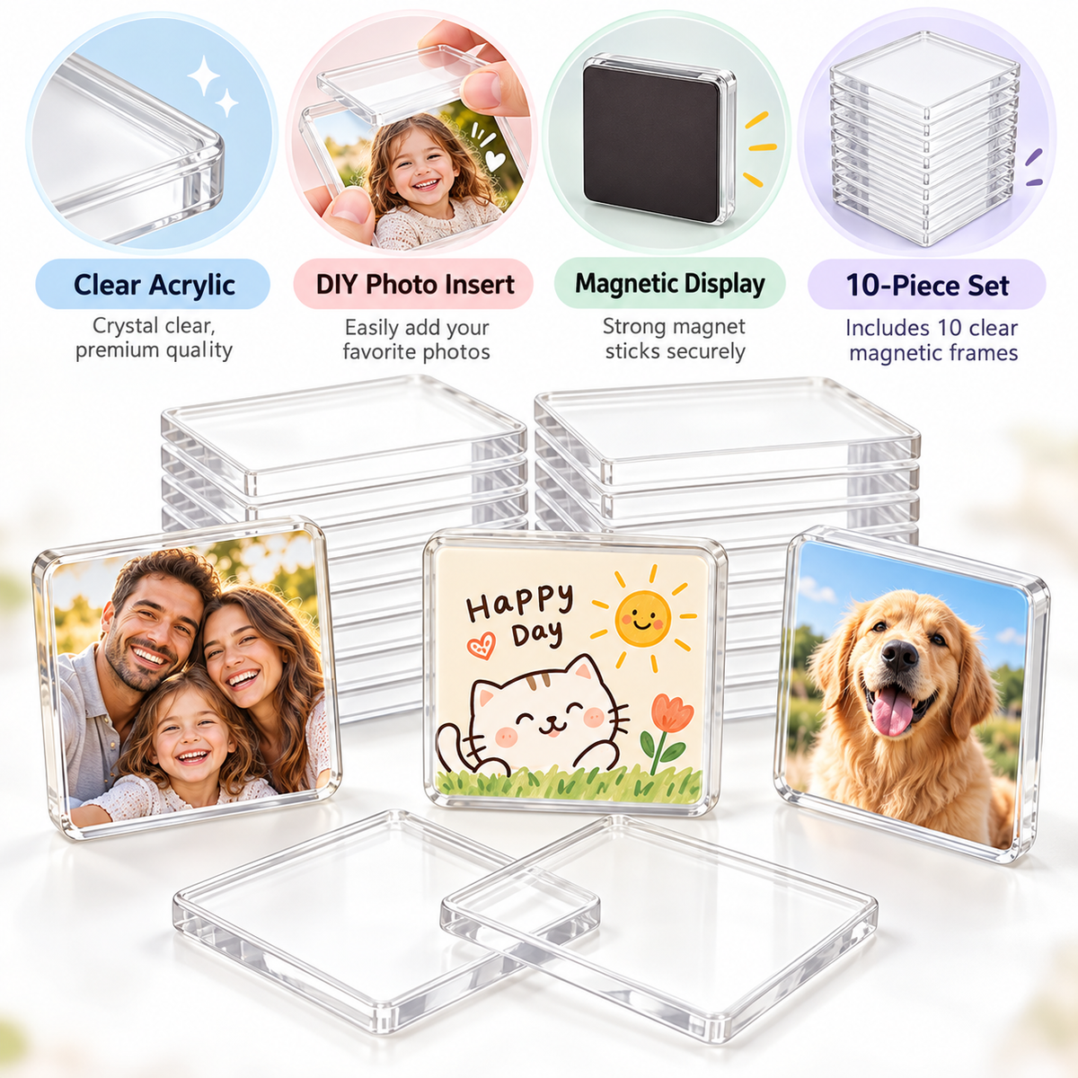 ✨ DIY Photo Fridge Magnet Kit – 10 Pack Clear Acrylic Picture Magnets 🧲