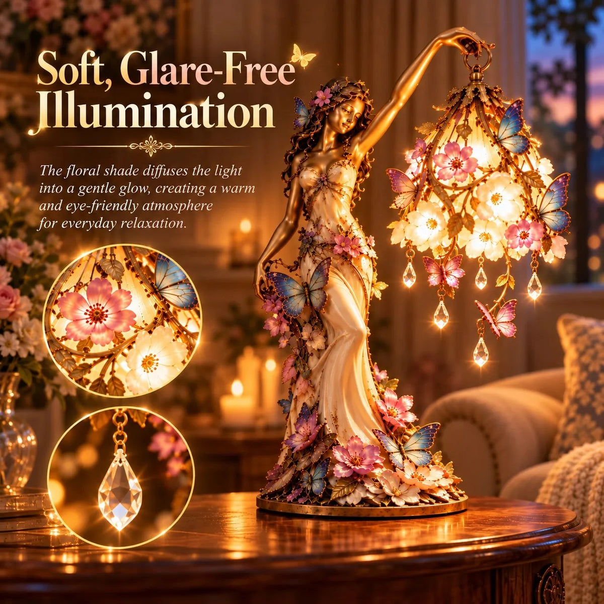 🦋 Butterfly Lady Accent Lamp – Elegant Floral Goddess Light with Crystal Drops
