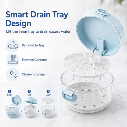 🦷✨3-in-1 Retainer Cleaning & Storage Case – Portable Leak-Resistant Soak Box with Drain Tray, Mirror & Cleaning Brush