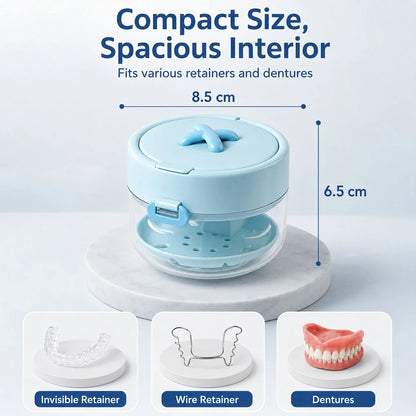 🦷✨3-in-1 Retainer Cleaning & Storage Case – Portable Leak-Resistant Soak Box with Drain Tray, Mirror & Cleaning Brush