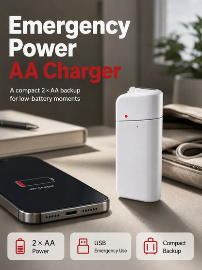 Emergency Phone Charger – 🔋🔋 AA Battery Powered USB Backup with LED Flashlight